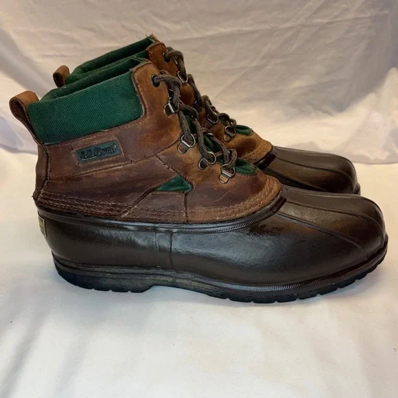VTG LL Bean Duck Boots Mens 11‎ Leather Green Canvas Waterproof Rain Snow Boot