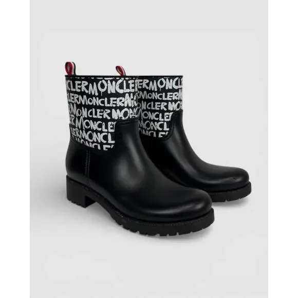 Moncler Black Rubber w White Graphic Mid-Calf Rain Boots