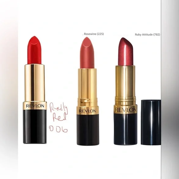 3‎ Revlon Matte & super lustrous Lipsticks - really red, ruby attitude, rosewine