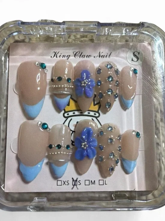Beige & Blue Floral Rhinestone Press-On Nail Set by