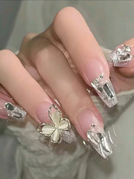 Clear Silver 3D Butterfly Rhinestone Nails - Women Makeup