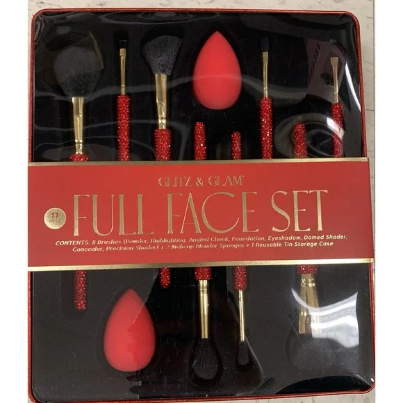 Red Rhinestone Makeup Brush Set 11-Piece Full Face Kit Glam Sponges New Gift
