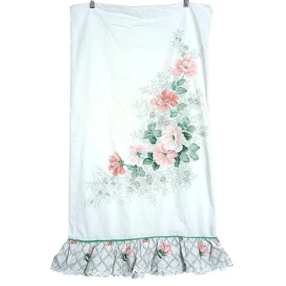 Vintage King Pillowcase White Pink Floral Ruffle Eyelet Lace Cottagecore Trim‎