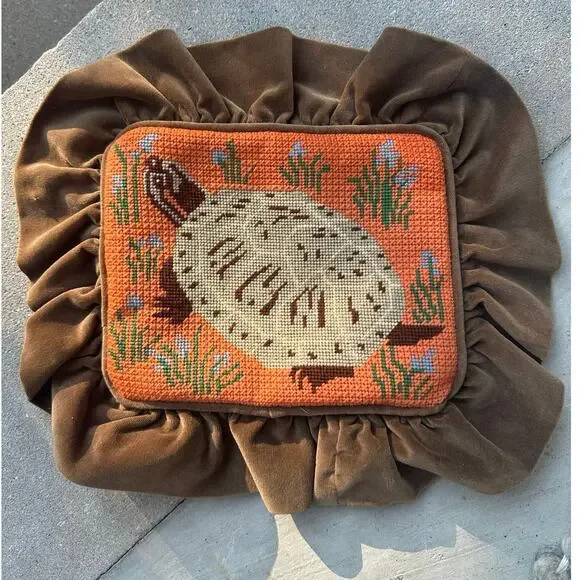 Vintage handmade needlepoint turtle pillow sham brown velvet ruffle orange