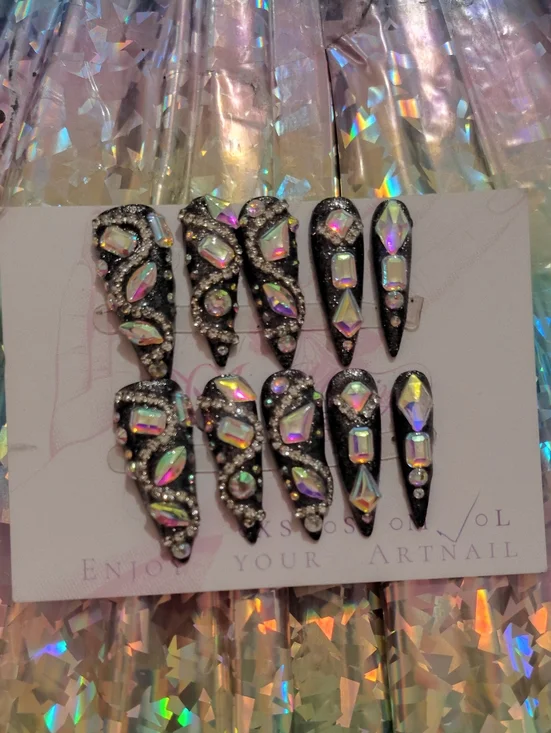 Crystal Embellished Black Stiletto Press-On Nails