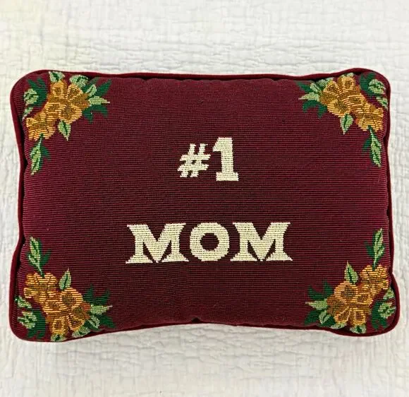 #1 Mom Burgundy Floral Tapestry Textured Decorative Pillow Rectangle 11 x 8 in