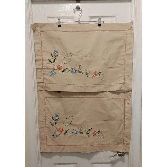 Vintage Floral Embroidered Pillow Shams Granny Cottage Core Set of 2 Tan