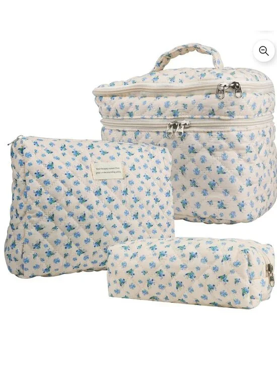 3 Pc Quilted Zip Floral Makeup Bag Set Blue Rose Cosmetic Toiletry Travel Gift