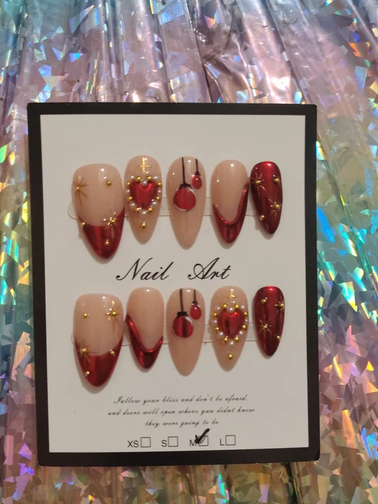 Nude and Metallic Red Press-On Nail Set with Gold Accents