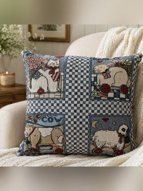 Vintage Farm Animal Tapestry Pillow Cottagecore Cat‎ Cow Rabbit Farmhouse Decor
