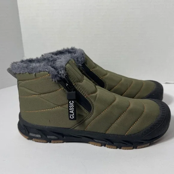 Classic Men Olive Green Quilted Puffer Snow Boots Faux Fur‎ Lined  US 6.5