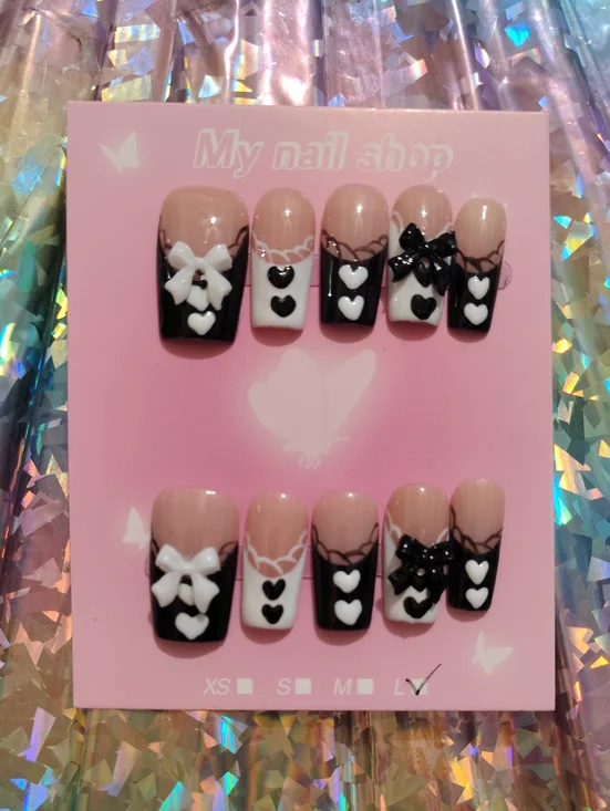 Black & Nude Heart Bow Press-On Nail Kit by My Nail Shop