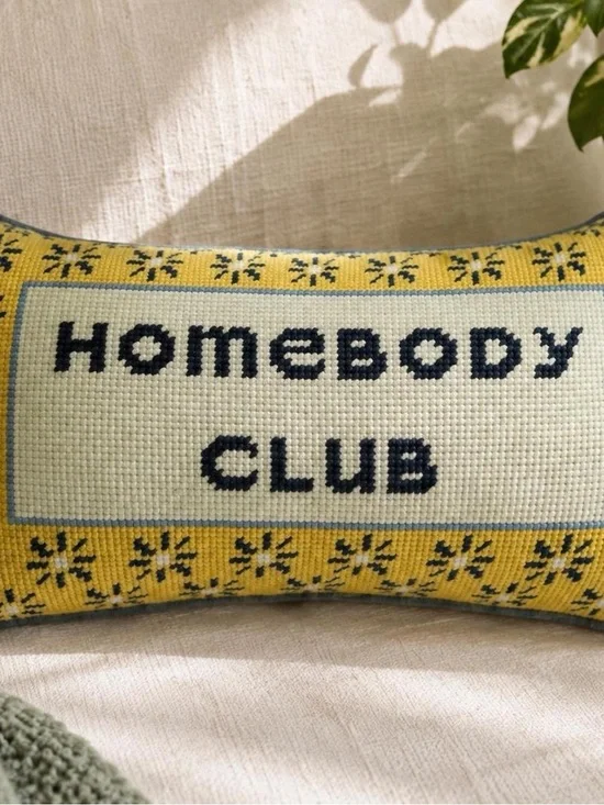 Homebody Club Needlepoint Lumbar Accent Pillow Yellow Blue NWT