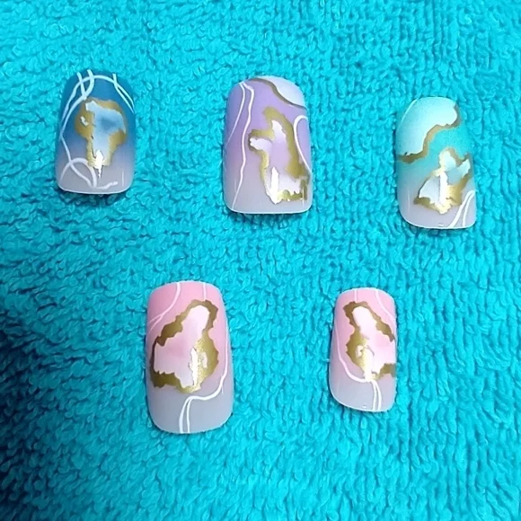 Press on nails gold blue pink purple aqua colorful set