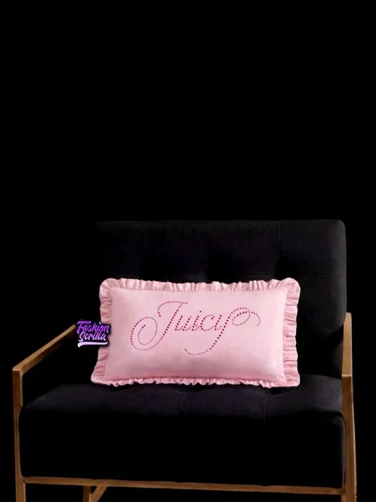 Juicy Couture Y2K Velour Velvet Baby Pink Ruffles Big Bling Crystal Logo Pillow