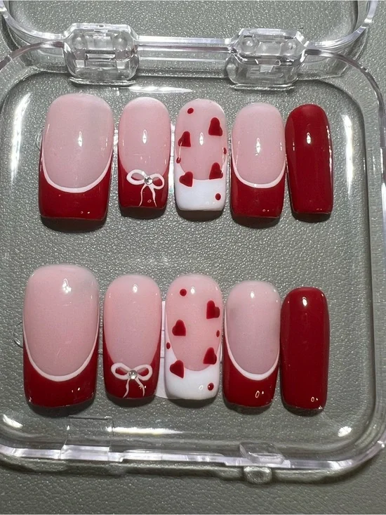 Classic Pink and Red Heart Nail Set - Women Accessories
