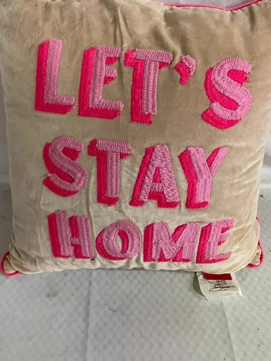 Unbranded Let's Stay Home Throw Pillow 17x17 Beige Pink Velvet Embroidered Decor