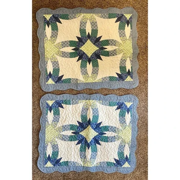 Quilted Double Wedding Ring Pillow Shams Blue Green Set of 2