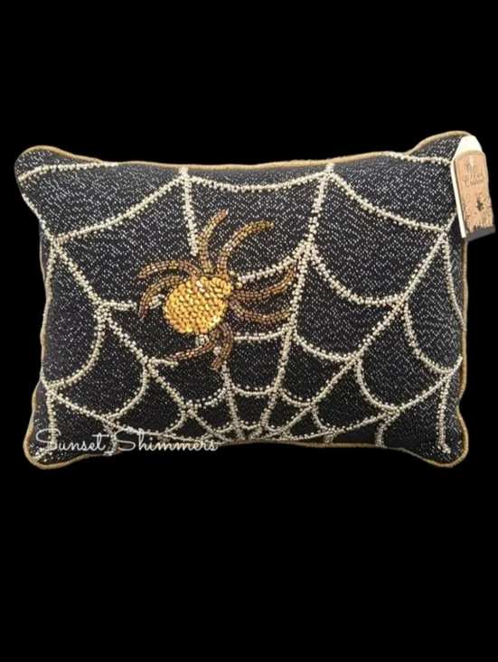 Witch Crafters Halloween Seguin Spider Beaded Spiderweb Pillow Spooky Decor 14