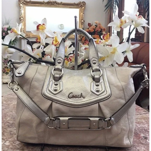 COACH ASHLEY IVORY/CREAM LEATHER SATCHEL TOTE‎ SHOULDER BAG F19247 EUC