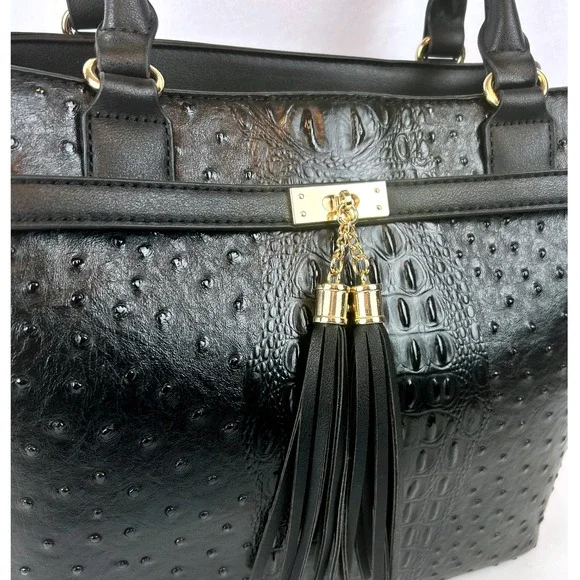 Black faux Ostrich/Croc Embossed Satchel Handbag w/ Tassel‎ & Matching Pouch Set