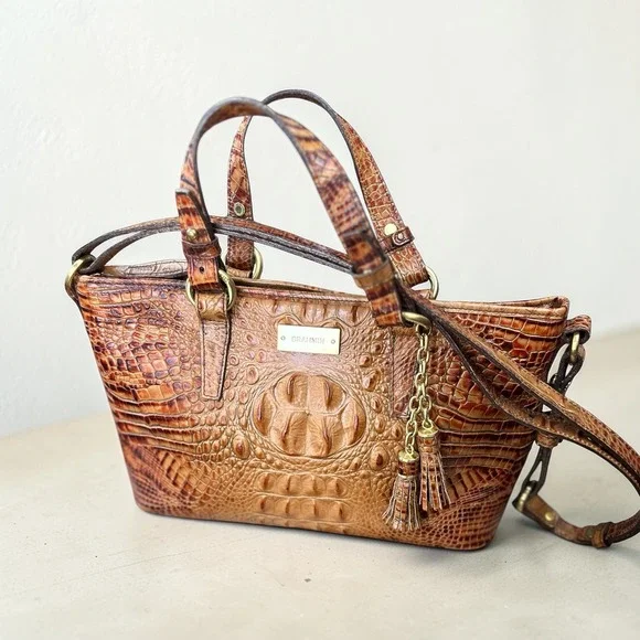 Brahmin Mini Asher Satchel Bag Pecan Melbourne Croc‎ Embossed Leather Crossbody
