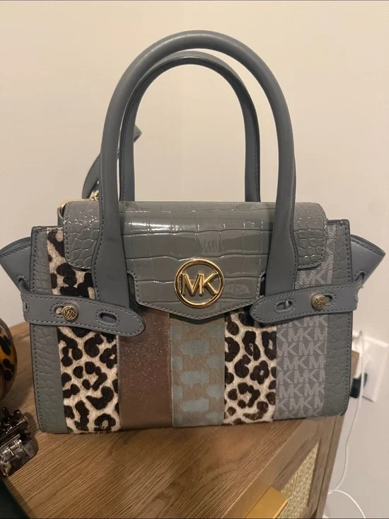 Michael Kors Grey Mixed-Print Satchel with Gold MK Logo
