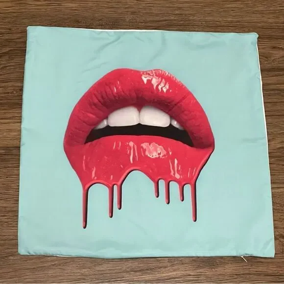 NWOT Red Melting Lips on Blue Background Pillowcase