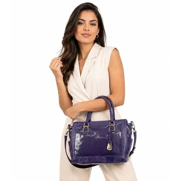 Cole Haan Purple Lizard Embossed Leather Satchel Bag Silver‎ Hardware Chic 36-02