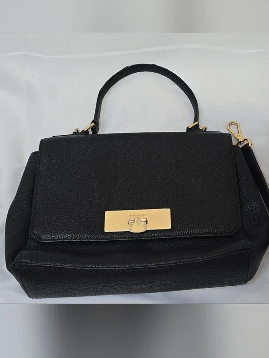 Michael Kors Callie Black Pebbled Leather Flap Top Handle Crossbody Satchel Bag