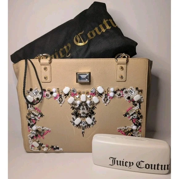 Juicy Couture Freya Genuine Leather Satchel Bejeweled Cream Gold NWT‎ Dust Bag