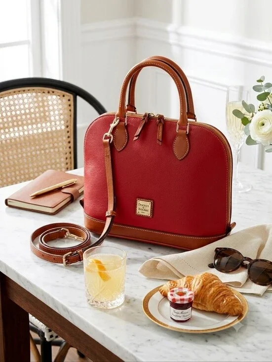 Dooney & Bourke Red Leather Satchel‎ with Tan Trim and Gold Hardware