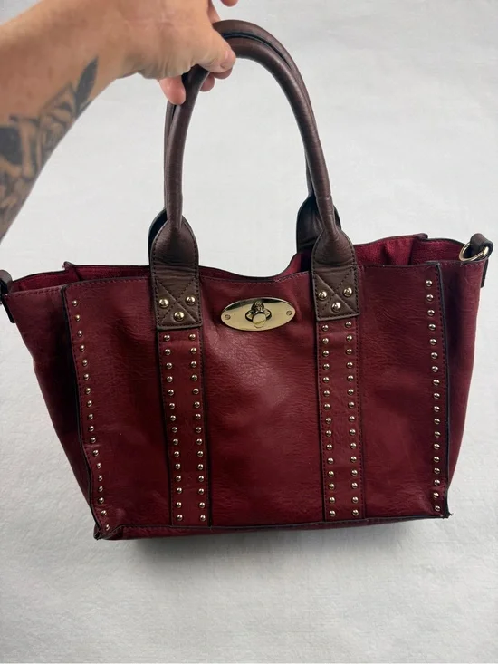 Burgundy Studded Satchel Bag Gold Hardware Structured Top Handle Tote