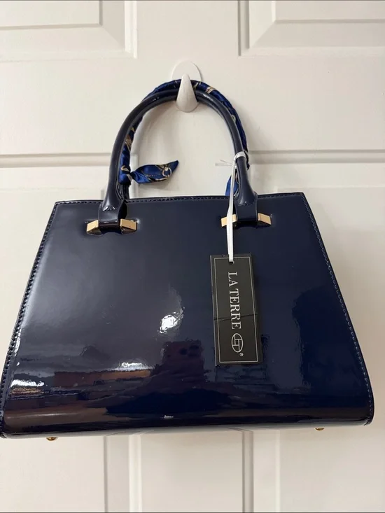 Navy Patent Top-Handle Satchel