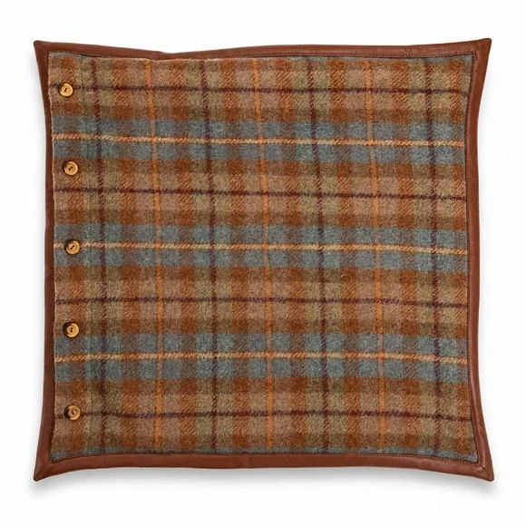 VTG Ralph Lauren Pillow Sham Bedford Hunt Plaid Wool Leather Trim Wood Buttons