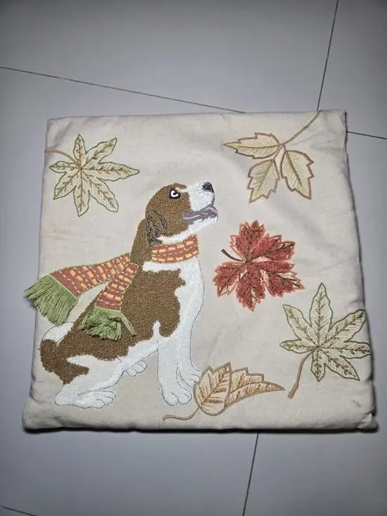 Pier 1 Embroidered Cotton Blend Square Pillow Dog with Scarf Fall Leaves 17x17in