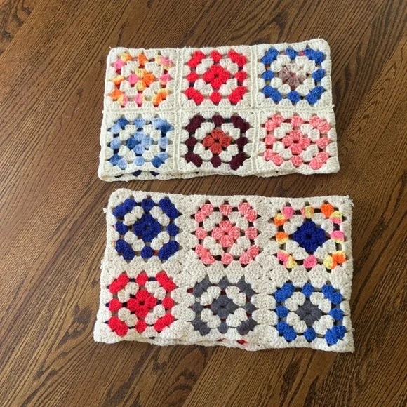 VTG Pair Hand Made Crochet Colorful‎ Granny Square Pillow Covers READ