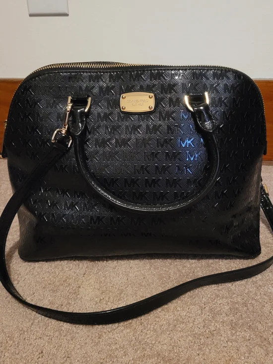 Michael Kors Black Patent MK Monogram Satchel Shoulder Bag Gold Hardware