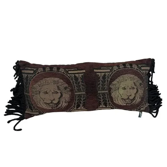 Vintage Newport Tapestry Lumbar Pillow Safari Lions Pillars w Tassels  24” x 10”
