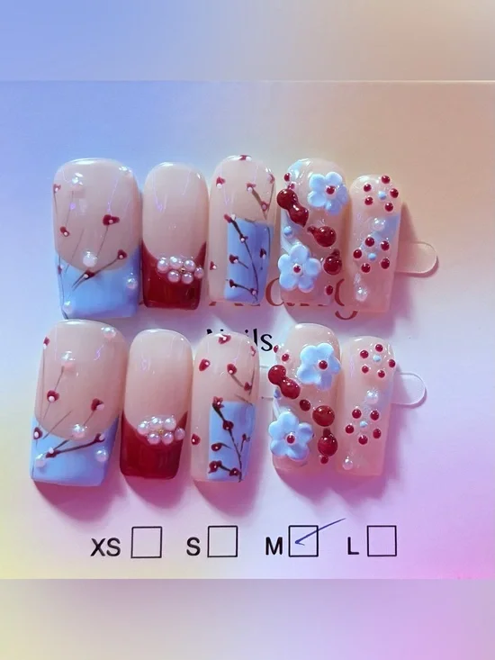 Handcrafted Cherry Blossom Press-On Nails in Nude and Red