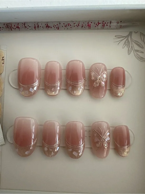 Pink Ombre Press-On Nail Set with Butterfly