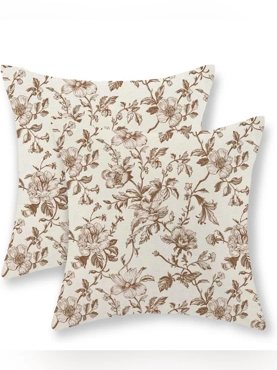 Floral Toile Decorative Throw Pillow Pair in Brown on Cream NWT