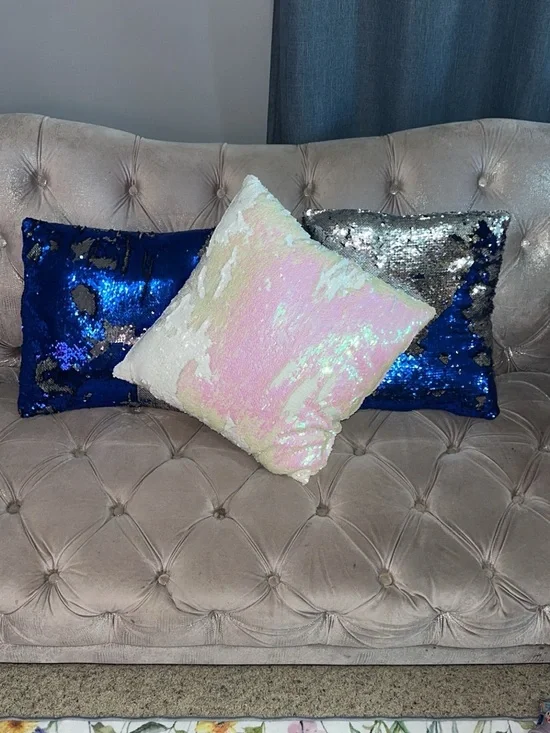 Set of 3 sequin Decorative Throw Pillow - Iridescent White/Pink & Navy/silver
