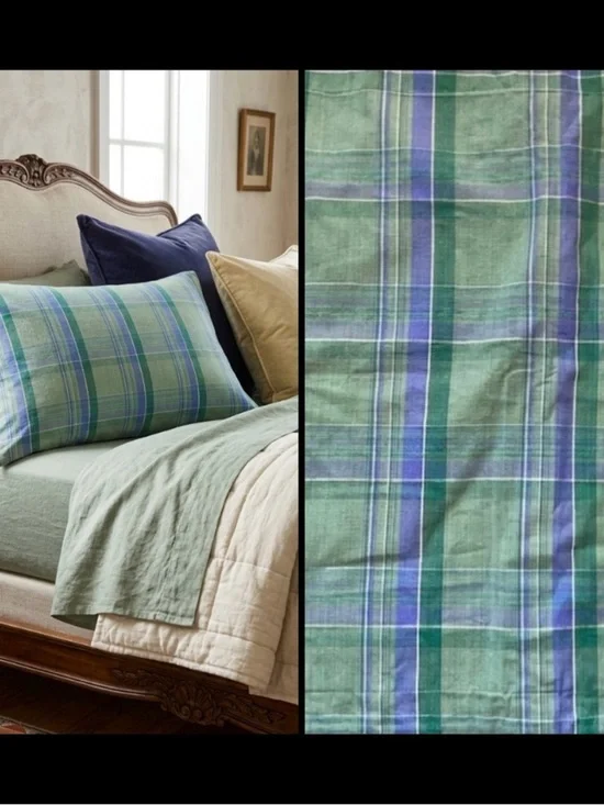 Pottery Barn Plaid Back Button Closure Green Blue Preppy Euro Pillow sham 26”