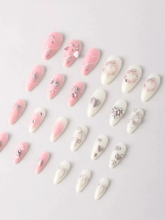 Never Have I Ever Press-On Faux Nails Heart of Pearls bows white Pink New