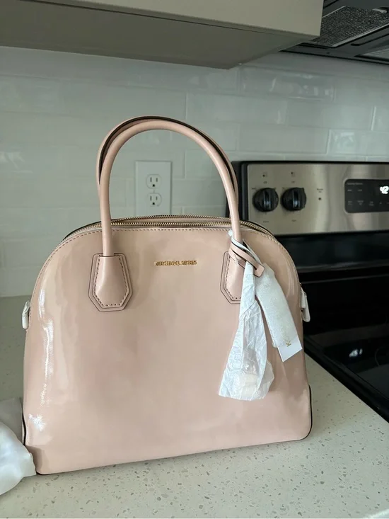 MICHAEL KORS Blush Patent Dome Satchel with Gold Logo