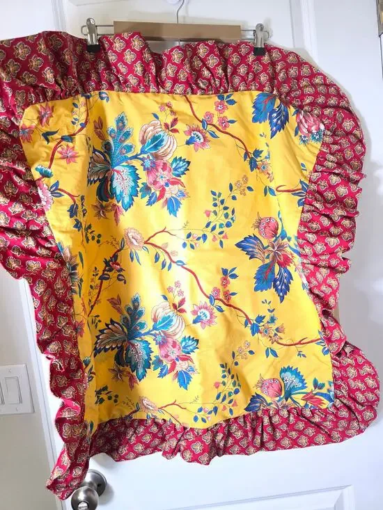 Yellow Blue Floral Red Fringe Lightweight Square 24x24 Euro Pillow Sham Set of 2