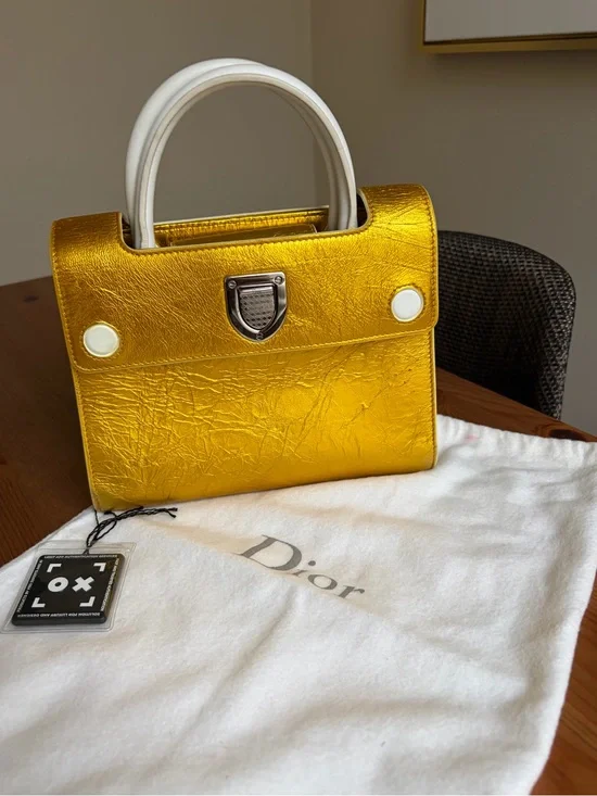 Dior Mini Diorever Gold Metallic White Leather Top Handle Crossbody Bag with COA