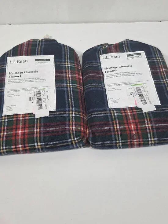 L.L.Bean Heritage Chamois Flannel Standard Pillow Shams Navy Plaid NWT Set