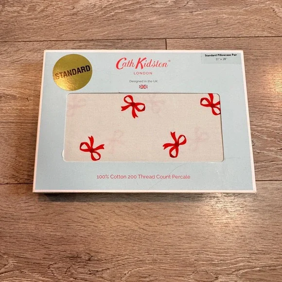 NIB Cath Kidston Standard‎ Pillowcase Pair Set Cotton 200 Thread Bow Ruby Sage